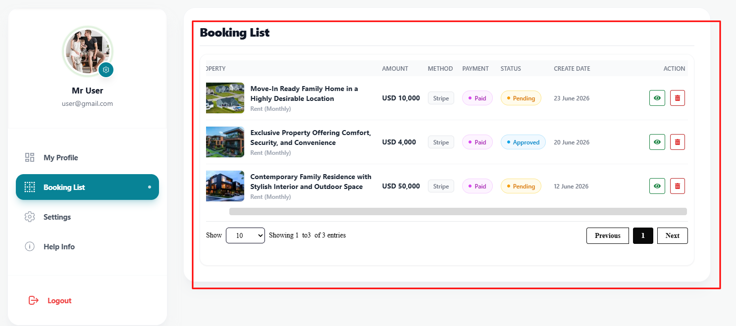 booking list